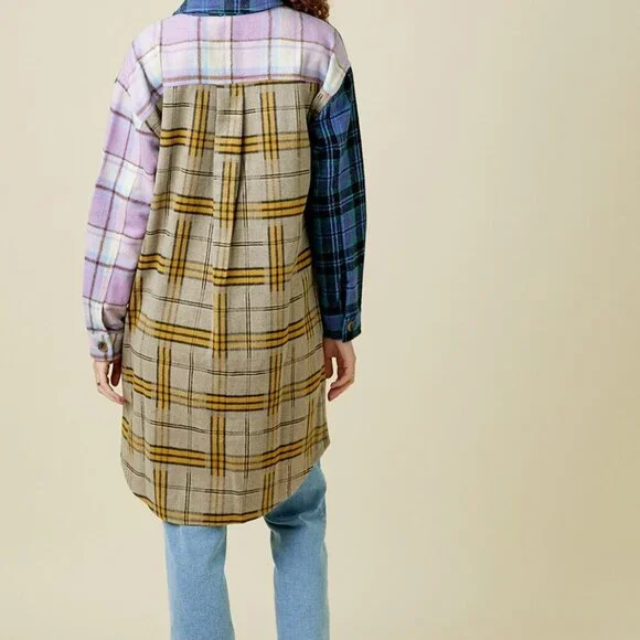 MYSTREE MIXED PLAID COLOR BLOCK LONG JACKET - Picture 4 of 7